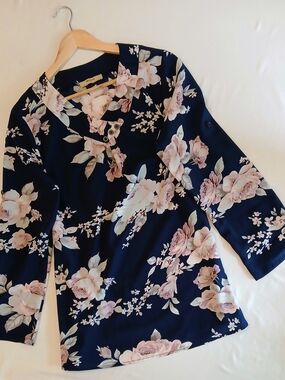 Miusey Navy Blue Floral Chiffon Blouse Tunic Top Roll Tab Sleeve M NWOT